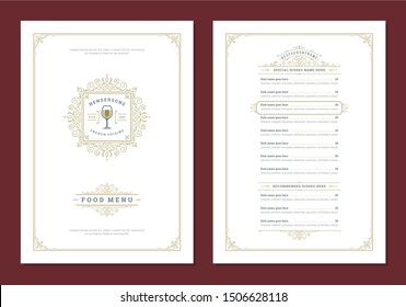 Menu Design Template With Cover And Restaurant Vintage Logo Vector Brochure. Wine Glass Symbol Illustration And Ornament Frame And Swirls Decoration.