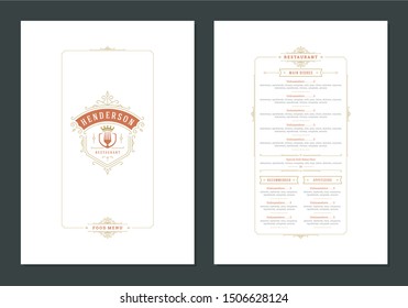 Menu design template with cover and restaurant vintage logo vector brochure. Fork symbol illustration and ornament frame and swirls decoration.