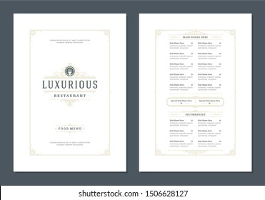 Menu design template with cover and restaurant vintage logo vector brochure. Fork symbol illustration and ornament frame and swirls decoration.