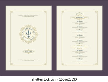 Menu design template with cover and restaurant vintage logo vector brochure. Kitchen tools symbol illustration and ornament frame and swirls decoration.