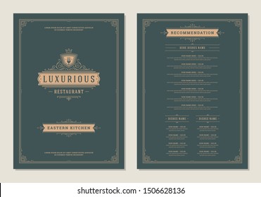 Menu Design Template With Cover And Restaurant Vintage Logo Vector Brochure. Fork Symbol Illustration And Ornament Frame And Swirls Decoration.