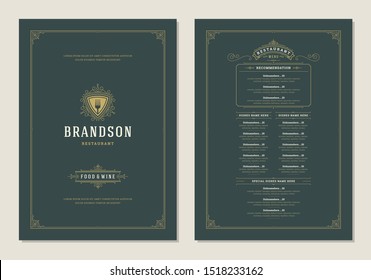 Menu design template with cover and restaurant vintage logo vector brochure. Fork symbol illustration and ornament frame and swirls decoration.