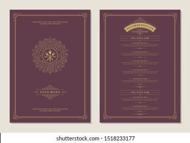 Menu design template with cover and restaurant vintage logo vector brochure. Kitchen tools symbol illustration and ornament frame and swirls decoration.