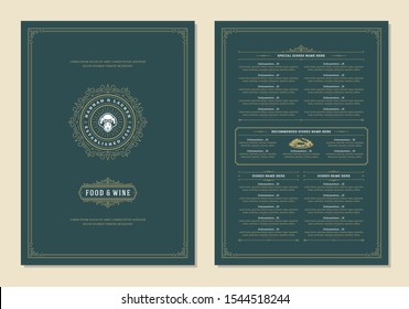 Menu design template with cover and restaurant vintage logo vector brochure. Female chef face in hat symbol illustration and ornament frame and swirls decoration.