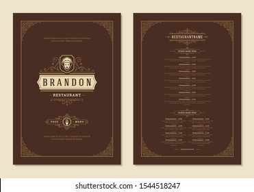 Menu design template with cover and restaurant vintage logo vector brochure. Male chef face in hat symbol illustration and ornament frame and swirls decoration.