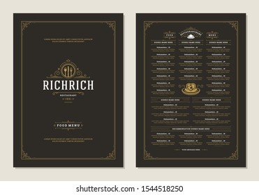 Menu design template with cover and restaurant vintage logo vector brochure. Kitchen tools symbol illustration and ornament frame and swirls decoration.