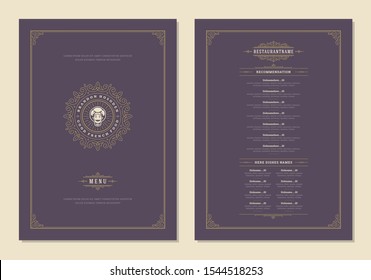 Menu design template with cover and restaurant vintage logo vector brochure. Male chef face in hat symbol illustration and ornament frame and swirls decoration.