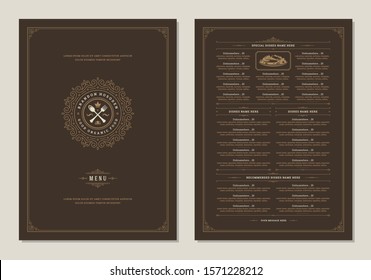 Menu design template with cover and restaurant vintage logo vector brochure. Kitchen tools symbol illustration and ornament frame and swirls decoration.