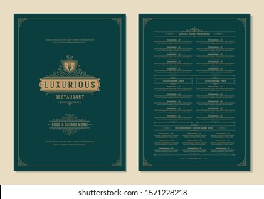 Menu design template with cover and restaurant vintage logo vector brochure. Fork symbol illustration and ornament frame and swirls decoration.