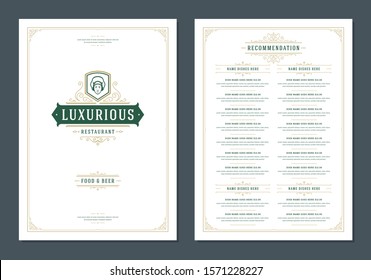 Menu design template with cover and restaurant vintage logo vector brochure. Male chef face in hat symbol illustration and ornament frame and swirls decoration.