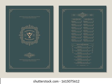 Menu design template with cover and restaurant vintage logo vector brochure. Knife symbol illustration and ornament frame and swirls decoration.