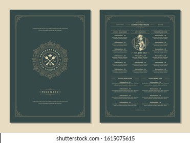 Menu design template with cover and restaurant vintage logo vector brochure. Spoon symbol illustration and ornament frame and swirls decoration.