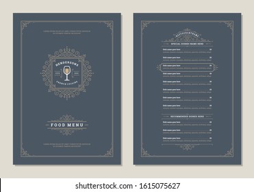 Menu design template with cover and restaurant vintage logo vector brochure. Wine glass symbol illustration and ornament frame and swirls decoration.