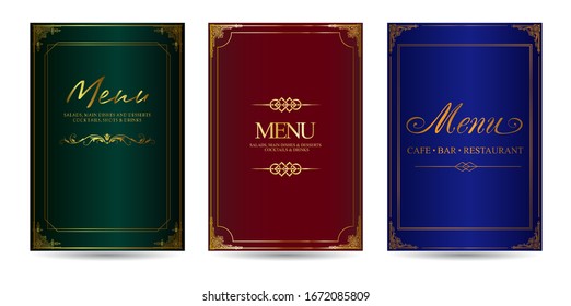 Menu design template with cover and restaurant vintage logo vector brochure. Fork symbol illustration and ornament frame and swirls decoration.
