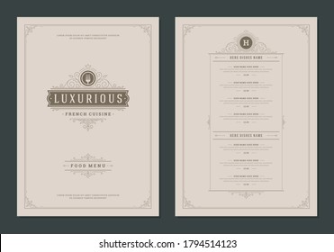 Menu design template with cover and restaurant vintage logo vector brochure. Fork symbol illustration and ornament frame and swirls decoration.