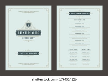 Menu design template with cover and restaurant vintage logo vector brochure. Fork symbol illustration and ornament frame and swirls decoration.