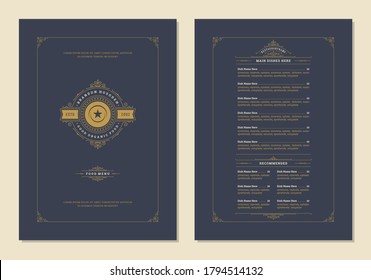 Plantilla de diseño de menú con portafolios vintage de cubierta y restaurante. Ilustración del símbolo de placa de plato y decoración del marco adorno y de los remolques.