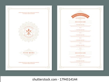 Menu design template with cover and restaurant vintage logo vector brochure. Kitchen tools symbol illustration and ornament frame and swirls decoration.