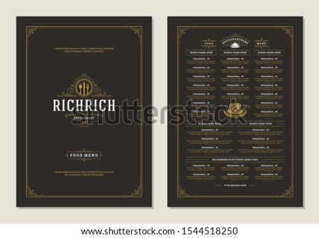 Menu design template with cover and restaurant vintage logo vector brochure. Kitchen tools symbol illustration and ornament frame and swirls decoration.