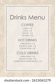 Menu design template with cover vector brochure. Wedding menu. Cafe identity. Vintage drinks template