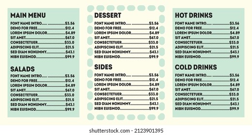 Menu design template in cute light green and yellow colors. It has sections like main course, salads, desserts, sides, cold drinks and hot drinks. 