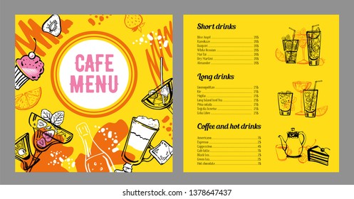 Menu design template with list of drinks. Vector outline vintage hand drawn illustration with bottles, coffee and cocktails on yellow background