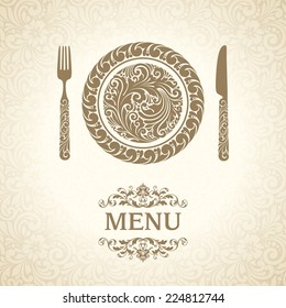 Menu design. Template with ornate cutlery: plate, fork and knife 