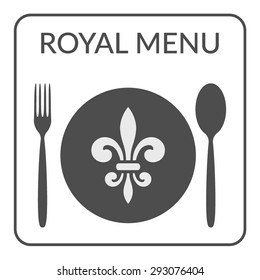 Menu design. Template with ornate cutlery: plate, spoon and fork. Logo Design for cafe, coffee shop, restaurant. Flat style. Menu background. Royal Dinner Set. Restaurant icon with royal fleur de lis
