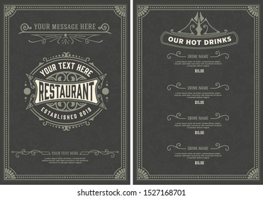 Menu design template with restaurant vintage logo vector brochure.  Illustration and ornament frame and swirls decoration.