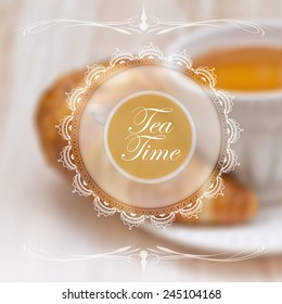 Menu design template with tea cup and lace napkin