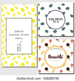 Menu design templates with fruits, berries and ice cream cones