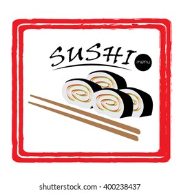 Menu design with text, chopsticks and sushi