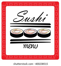 Menu design with traditional textures, text, chopsticks and sushi