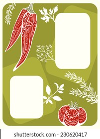 Menu design with vegetables and herbs silhouettes. Template with ornate pepper and tomato and different aromatic herbs silhouettes. Useful for receipts. Food background. Copy space. Vector is EPS8.