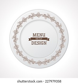 Menu design. Vintage citrus circle ornament on white plate. There is place for your text. 