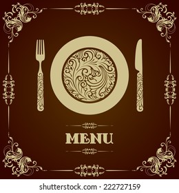 Menu design. Vintage template with ornate cutlery: plate, fork and knife 