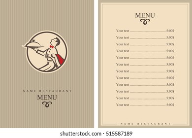 Menu design of waiter with tray. Brochure template for restaurant. Vector illustration