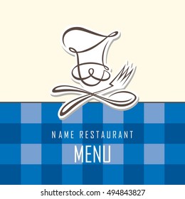 menu design with whiskered cook and kitchenware
