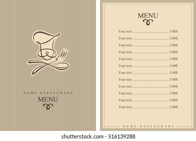 Menu design with whiskered cook and kitchenware. Brochure template for restaurant. Vector illustration