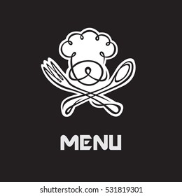 menu design with whiskered cook and kitchenware