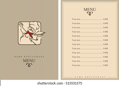 Menu design with whiskered cook and plate. Brochure template for restaurant. Vector illustration
