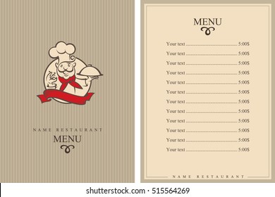 Menu design with whiskered cook and plate. Brochure template for restaurant. Vector illustration