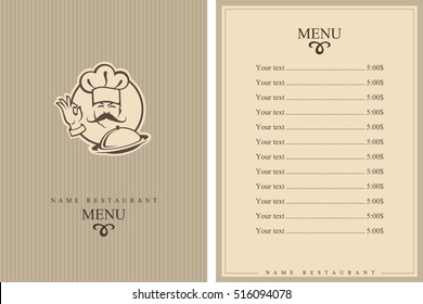 Menu design with whiskered cook and plate. Brochure template for restaurant. Vector illustration