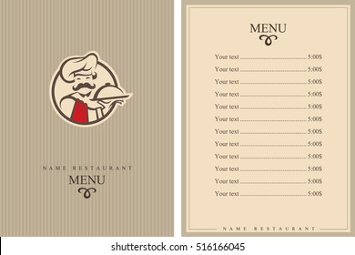 Menu design with whiskered cook and plate. Brochure template for restaurant. Vector illustration