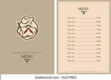 Menu design with whiskered cook in a scarf. Brochure template for restaurant. Vector illustration