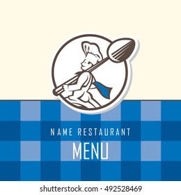 menu design with whiskered cook and spoon