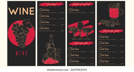 Menu design. Wine bar. Bottle hand drawn sketch. Champagne glass in restaurant. Vine alcohol card. Vintage cafe in vineyard. Wineglass or grape berries. Vector wines store and winery brochure template