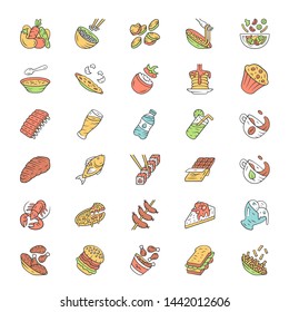 Menu dishes color icons set. Salads, first meal, main dishes. Burgers, pizza, beverages, desserts. Fast food, restaurant, cafe, bistro meal. Isolated vector illustrations