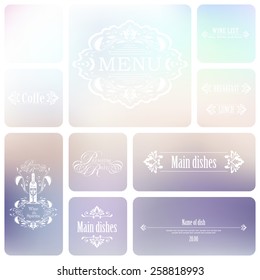 Menu elements lettering on abstract blurry background. Vector illustration