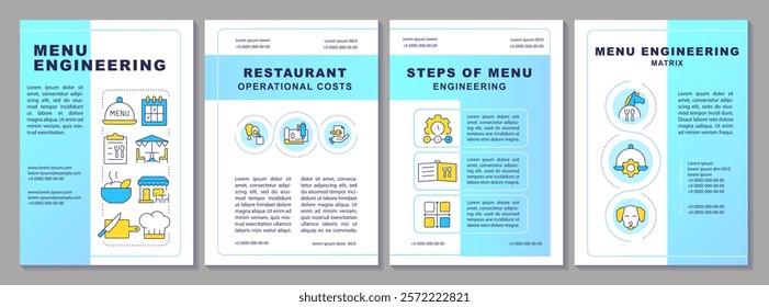 Menu engineering blue brochure template. Restaurant business management. Serving food. Leaflet design with linear icons. Editable 4 vector layouts